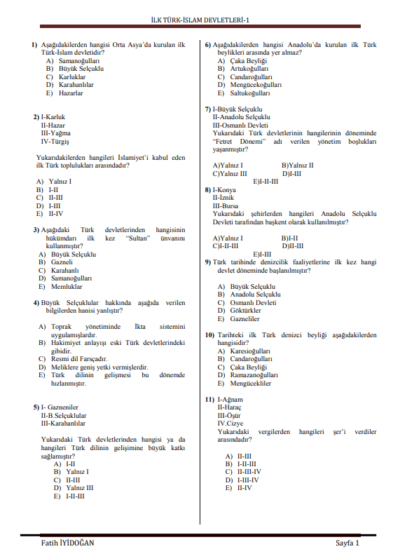 İlk Türk-İslam Devletleri Test Kitapçığı