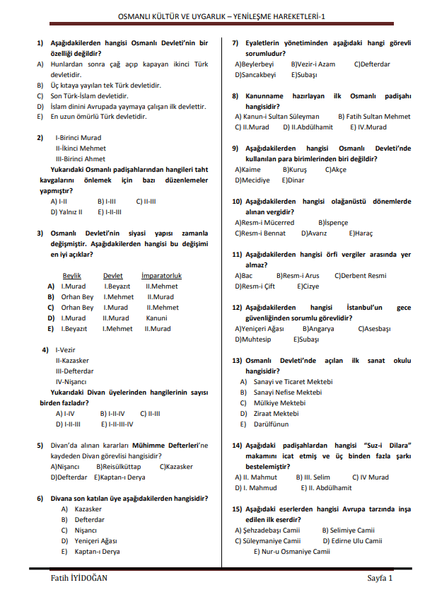 Osmanlı Kültür ve Uygarlık & Yenileşme Hareketleri